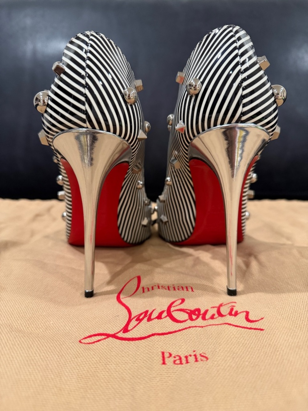 Christian Louboutin Black & White Striped Studded Pointed-Toe Pumps 100mm - Picture 2 of 8